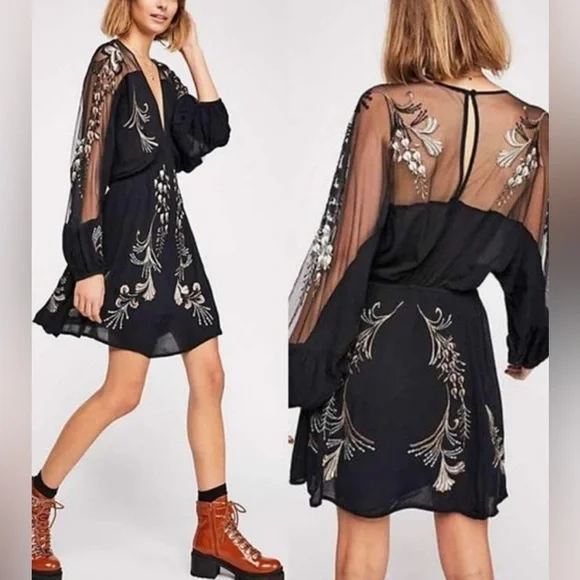 Free People Bonjour Black Embroidered Boho Dress, size XS - Picture 2 of 8